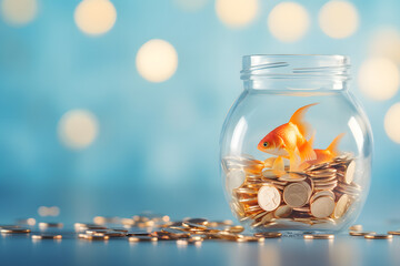 Modern Feng Shui Goldfish in jar with golden coins on pastel blue background