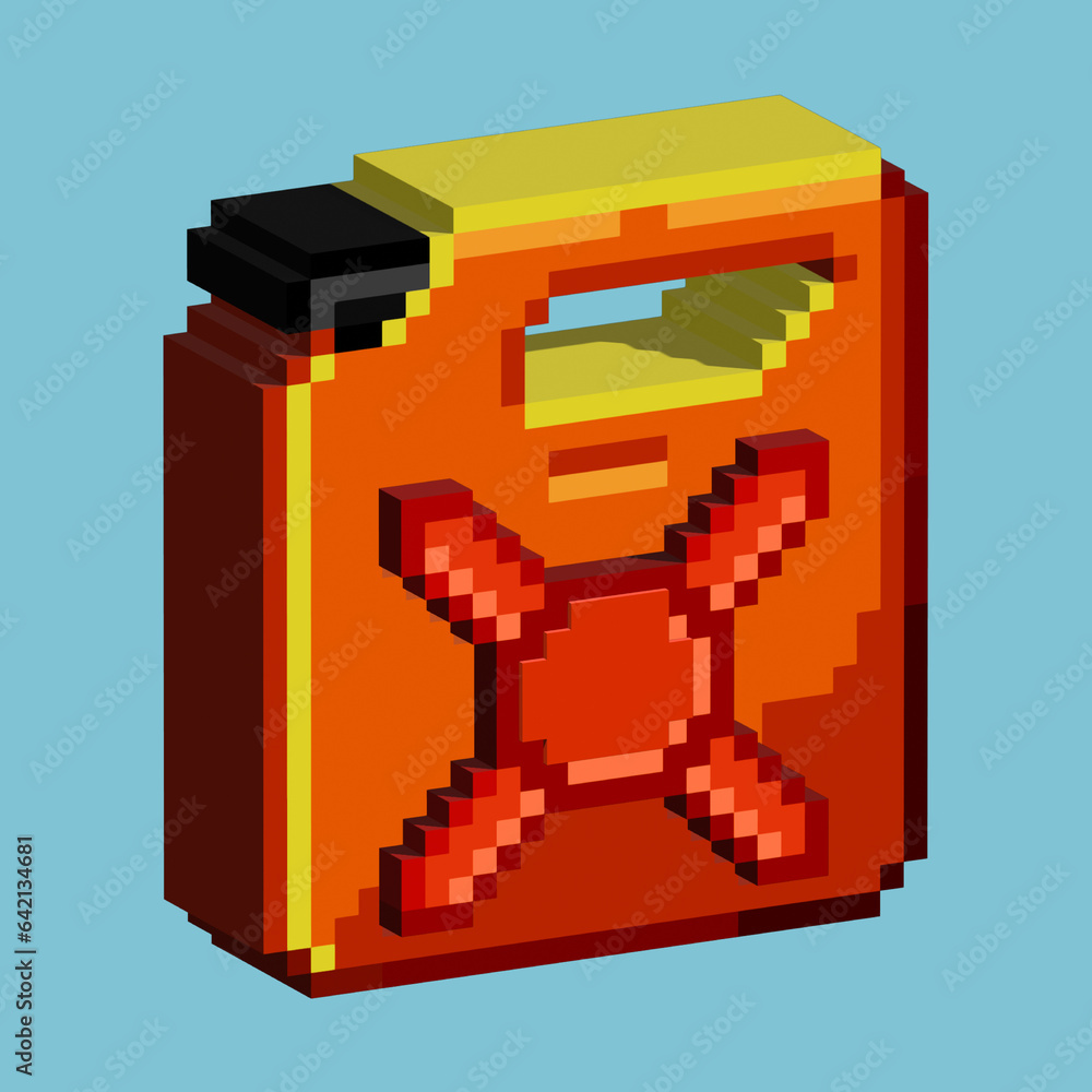 Poster asset from pixel art square 3d of gasoline gas can for items asset. orange oil gas can on pixelated 