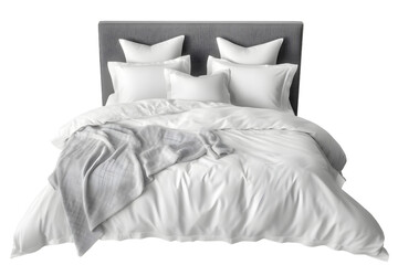 White bed with pillows isolated on transparent background, generative ai