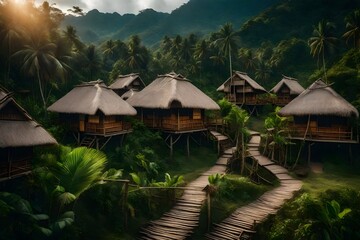 Fototapeta na wymiar Hidden jungle village with thatched-roof huts and wooden walkways - AI Generative