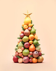 Christmas tree made of colorful fruits on isolated pastel background. Minimal creative raw food card. Concept of New Year's nutrition trends.