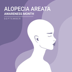 Alopecia awareness month poster. Woman with bald head silhouette. Bald is beautiful. Vector illustration
