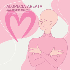 Alopecia awareness month poster. Beautiful bald girl is hugging herself. Bald is beautiful. Vector illustration