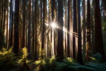 Magnificent and towering redwood forest, with sunlight streaming through the dense canopy - AI Generative