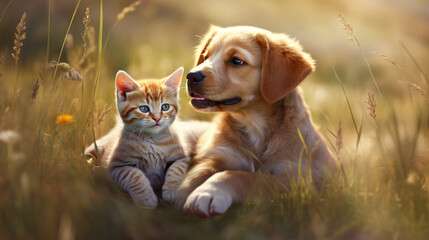 Happy young Cat and dog pets together - obrazy, fototapety, plakaty