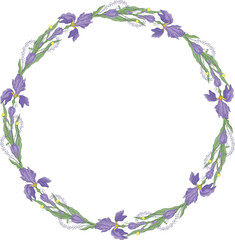 Iris flower wreath template. Vector hand drawn floral round frame isolated on white background. For cards, invitations, save the date cards