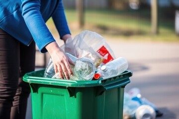 Woman putting a bottle in the trash bin