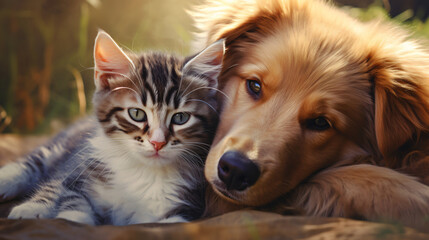 Happy young Cat and dog pets together