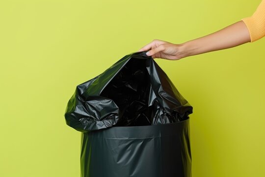 Woman taking garbage bag out of rubbish bin on color background