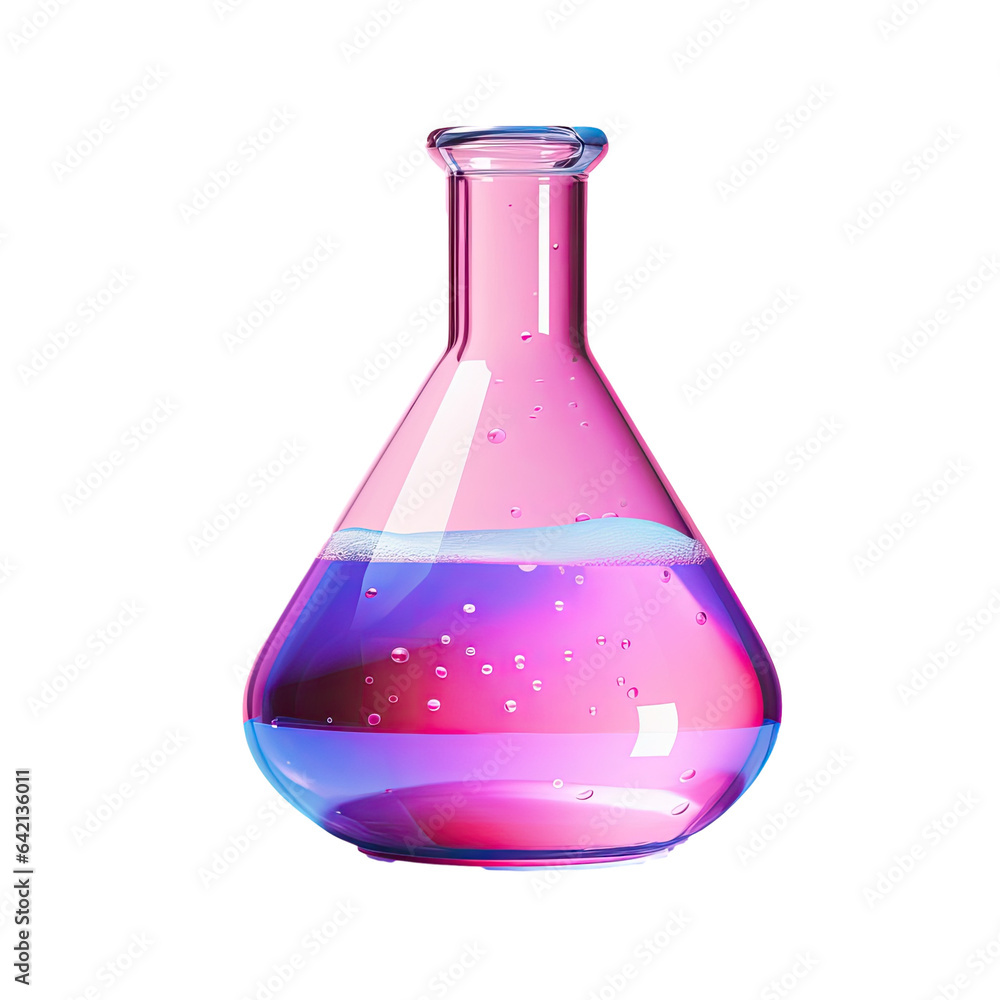 Poster isolated flask with pink reagent on a transparent background