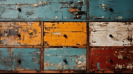 Generative AI, old dresser wooden texture. Blue, turquoise, yellow and orange colors. Vintage grunge background
