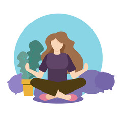 Woman Sitting On Floor Carpet With Pillows Plant Meditating Yoga Sport Recreation Illustration For Web Sites Presentations Applications Vector Design