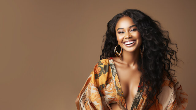 African american girl in traditional kaftan cloth, Smiling black woman, Curly hair in afro style