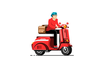 Cartoon man driving scooter on isolated background, Time to travel concept, Vector illustration.