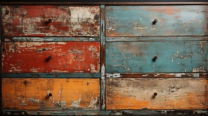 Generative AI, old dresser wooden texture. Blue, turquoise, yellow and orange colors. Vintage grunge background