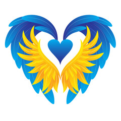 Icon with heart and wings in blue and yellow color of the flag of Ukraine on a white background. Vector clipart. Symbol of freedom and independence.