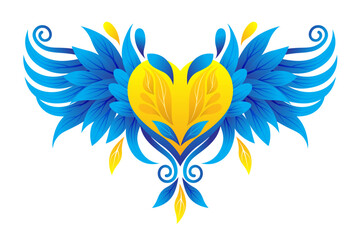 Decorative poster with heart and wings. Vector clipart. Blue and yellow color of the flag of Ukraine on a white background. Symbol of freedom and independence.