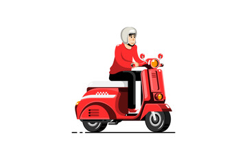 Cartoon man with helmet driving scooter on isolated background, Vector illustration.