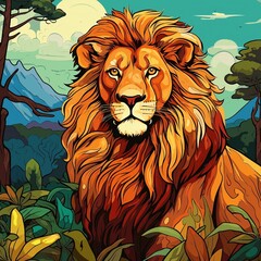 jungle, wildlife, lion, animal, safari, nature, wild, illustration, mammal, africa, vector, cat, african, zoo, mane, background, cartoon, king, character, predator, feline, cute, leo, set, male, power