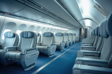 Empty passenger seats in cabin of the aircraft. Plane interior. Business class in commercial transport