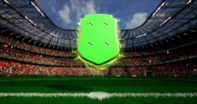 Day soccer match or player shield card, stadium background, visual effects, render, green keying with markers. 3d Render