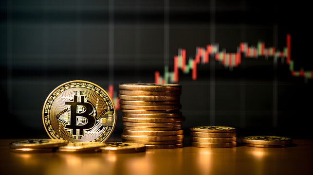 Gold coin with bitcoin symbol on candlestick chart background, dark, bokeh, blurred concept, Generative AI