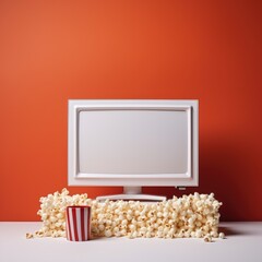 popcorn and a blank white television set