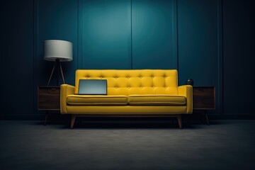 a laptop on a yellow sofa couch on a dark blue wall 