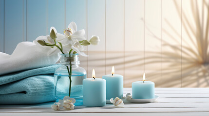 Spa salon light blue composition in wellness center. Spa still life background with aromatic...