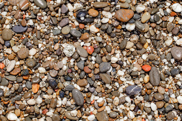 Pebbles polished wet on the beach, close-up, uniform texture background .