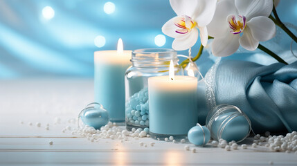 Spa salon light blue composition in wellness center. Spa still life background with aromatic candle, orchid flower and towel. Beauty spa treatment and relax. Relaxing background. - 642139445