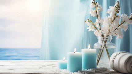Spa salon light blue composition in wellness center. Spa still life background with aromatic candle, orchid flower and towel. Beauty spa treatment and relax. Relaxing background. - 642139453