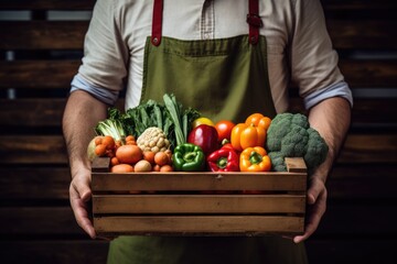 person wearing a green apron holding a basket of vegetables 