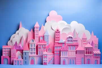 small city building made of paper with pink, blue, and white on a blue background