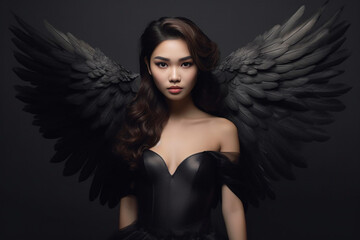 Fashion studio shot of beautiful slim young woman model wearing black lace lingerie - bra, panties, stockings and angel wings on black background. Sexy model angel with wings. Generative AI.