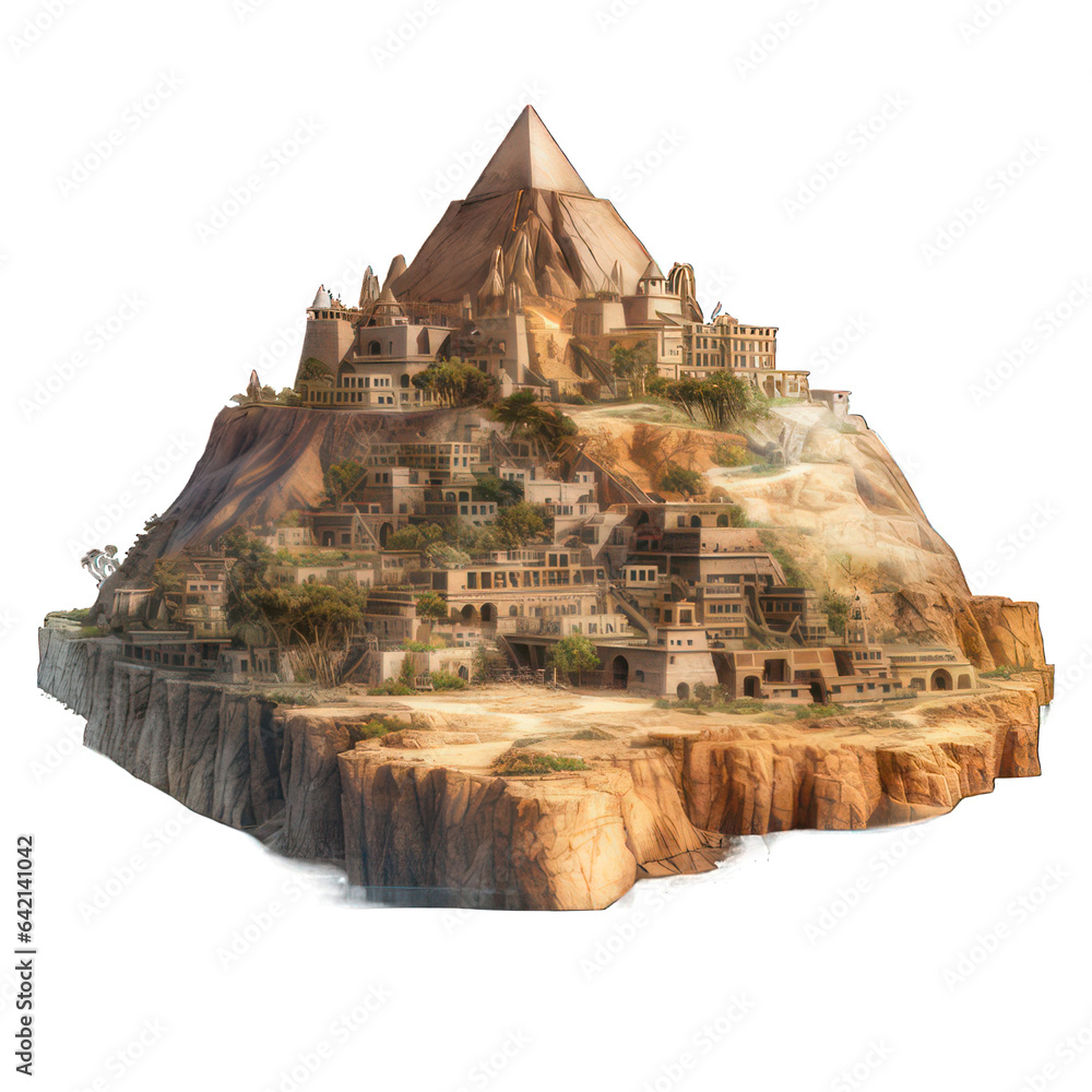 Poster ancient pyramid on a hill with village below created with generative ai