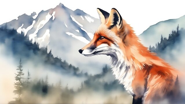 Double exposure of a fox and a mountain, natural scenery. Watercolor. Watercolor postcard of mountains and the fox.