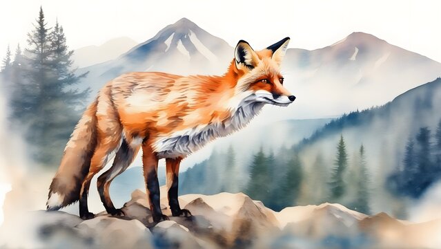 Double exposure of a fox and a mountain, natural scenery. Watercolor. Watercolor postcard of mountains and the fox.