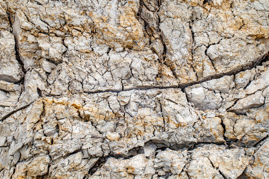 Rock of gray dried cracked clay close-up, background