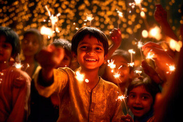 Indian kids with oil lamps at Diwali festival of lights celebration