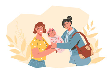 Parents need to take a leave of absence, finding babysitter, flat cartoon vector illustration isolated on white background. Hiring a babysitter during parent leave.