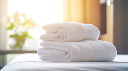White fresh towels on bed in hotel room. Creative banner for hotel service. 