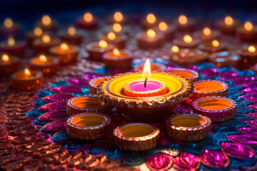 Indian traditional candles and oil lamps for happy Diwali celebration