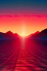 Abstract colorful sunset on top of mountain (vertical image), sunset on top of mountain in 3D...