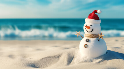 Snowman in a Santa Claus hat on a sandy white beach on the Caribbean Sea. Celebration of the New Year in warm countries. Travel. - obrazy, fototapety, plakaty