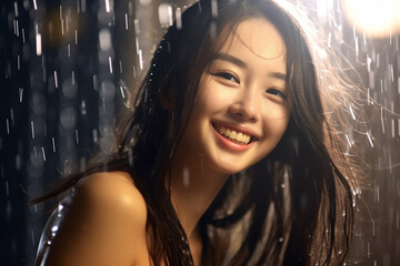 the radiant smile of a young girl, her teeth gleaming white, as she stands in the refreshing rain. The scene is imbued with a sense of freshness and moisture all around. Generative AI.