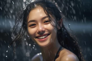 Poster the radiant smile of a young girl, her teeth gleaming white, as she stands in the refreshing rain. The scene is imbued with a sense of freshness and moisture all around. Generative AI. © Surachetsh
