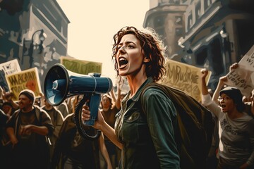 A young woman is chanting her demands through a megaphone during a demonstration. Close-up portrait of a radicalized young caucasian woman. In the background, a crowd of demonstrators with placards. - obrazy, fototapety, plakaty