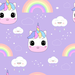 Cute little unicorn decorated with rainbow and clouds. Seamless pattern on pastel purple background