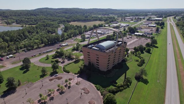 Drone aerial establishing view of Ohio Big Basket building and hotel, shaped like a wooden wickerwork box, off interstate 16``1 east of Newark, OH